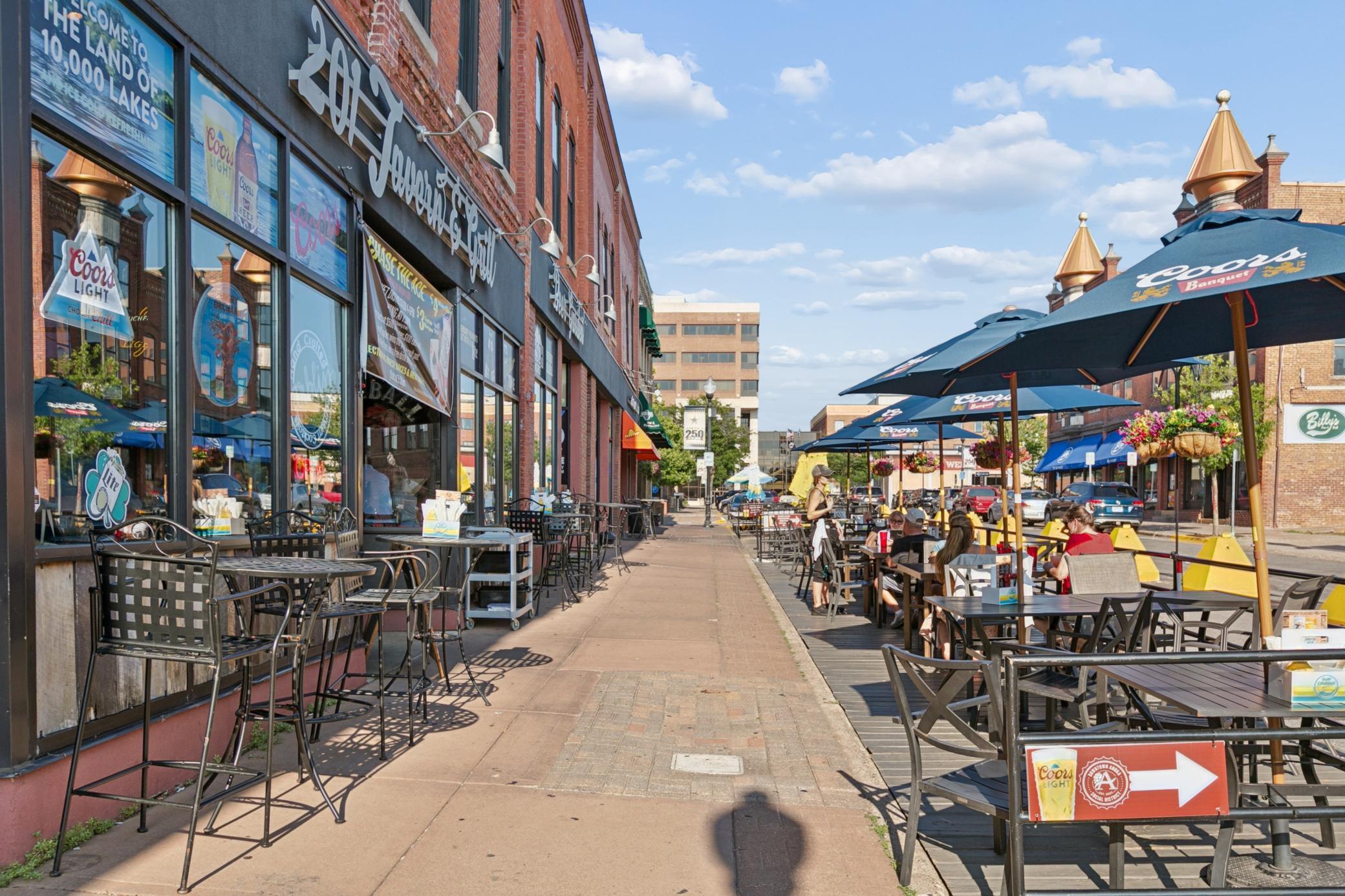 Downtown Anoka Social District with lots of patio seating, music and great eats! Streets are blocked off for strolling and bar-hopping.
