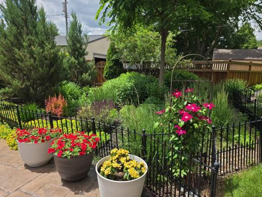 Backyard gardens with garage and gate in background.