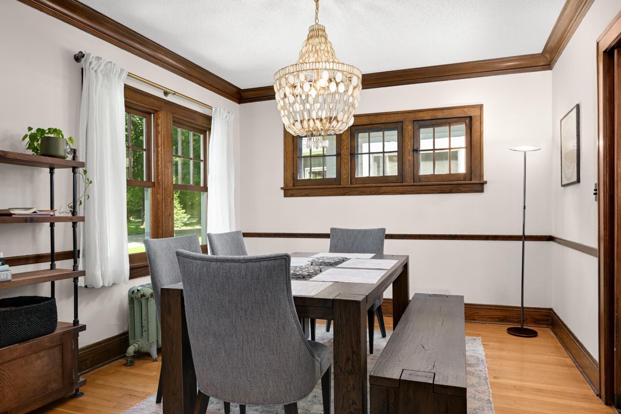 Spacious dining room also features original woodwork