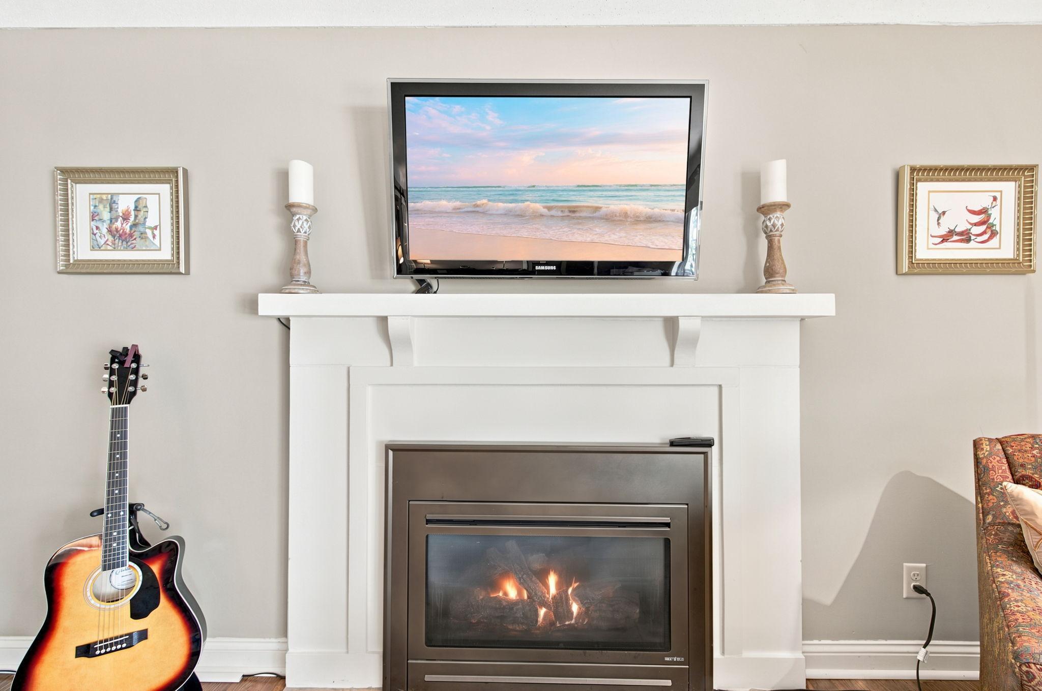One of two convenient Heat 'n Glo gas fireplaces