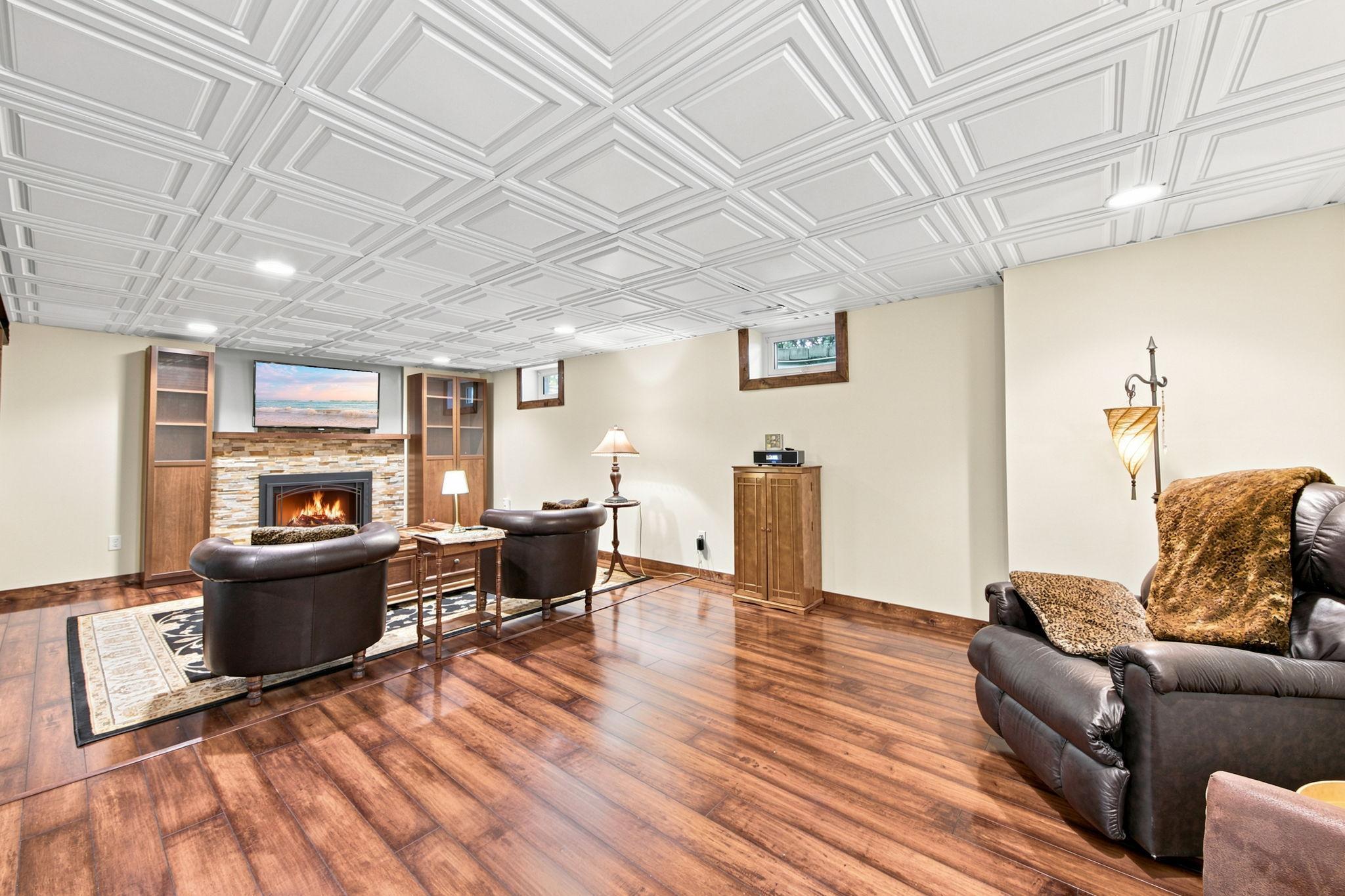 Lower level family room with gas fireplace