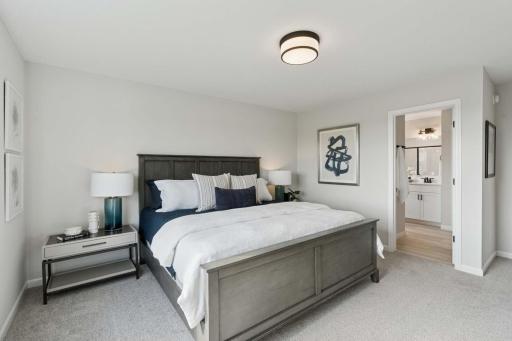 Spacious Primary Suite w/large walk-in closet. Photos may not depict actual home plan configuration. Features/materials/finishes shown contain options that are not included in price. This home is under construction!
