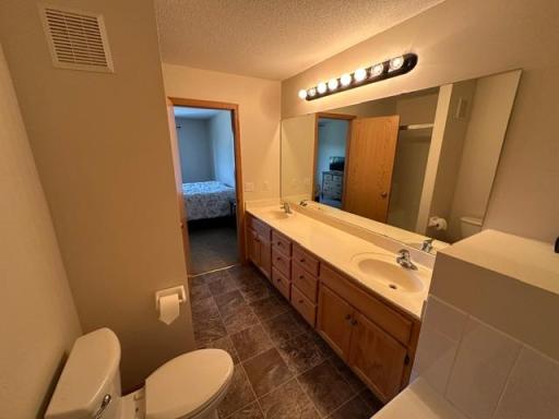 Owner's bathroom with double sinks, shower and separate soaking tub