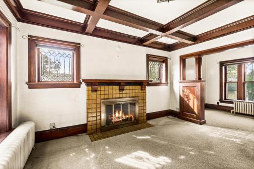 Living Room With Fireplace, Leaded Glass Windows