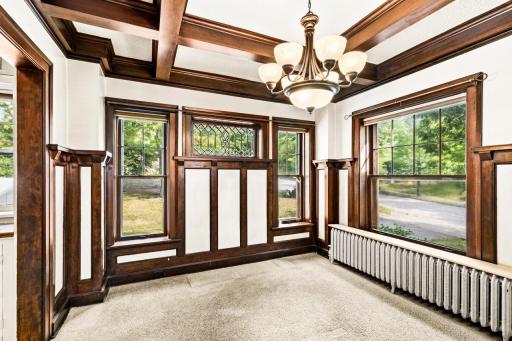 Craftsman Bump Out Formal Dining Room with Leaded Glass