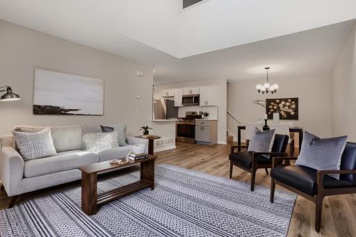 Natural light from sky-light and new flooring and paint throughout.