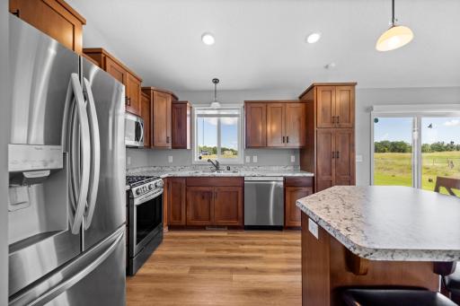 Spacious kitchen with lovely light and backyard views.
