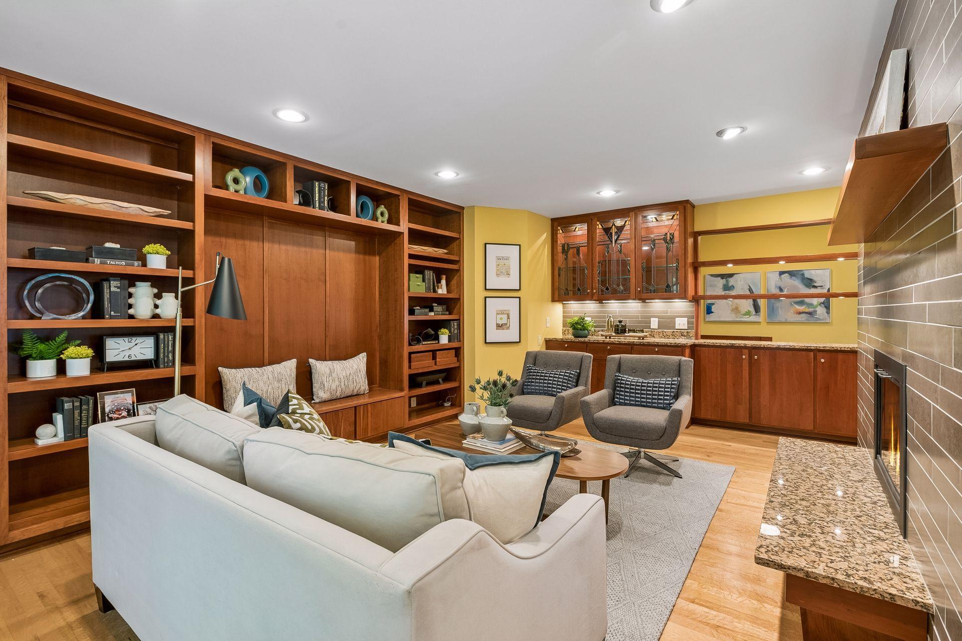 Whether getting cozy in front of a TV ( add to wall between bookcases) or entertaining with a cocktail, this is a perfect spot to relax.