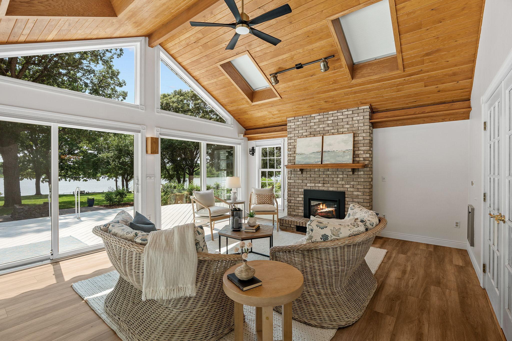 Hosting a cocktail hour with friends, or cozy up with a book in this happy room.