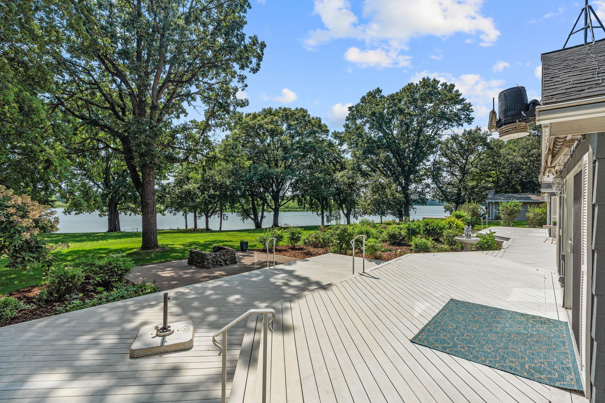 View of the deck and one of two bonfire pit areas.