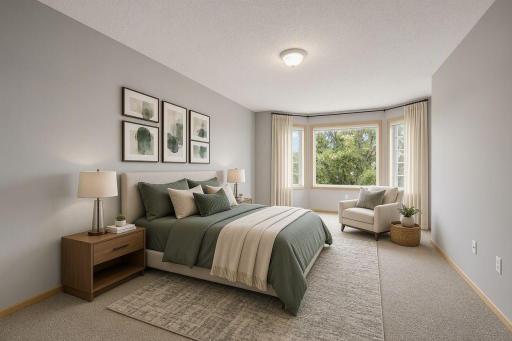 Spacious primary bedroom, sun-filled with a bay window facing south.