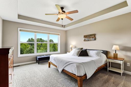 The primary suite stretches out beneath a tray ceiling, with a wide window wall framing the treetops.