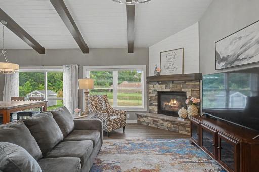 Stone gas fireplace for ambiance & warmth!