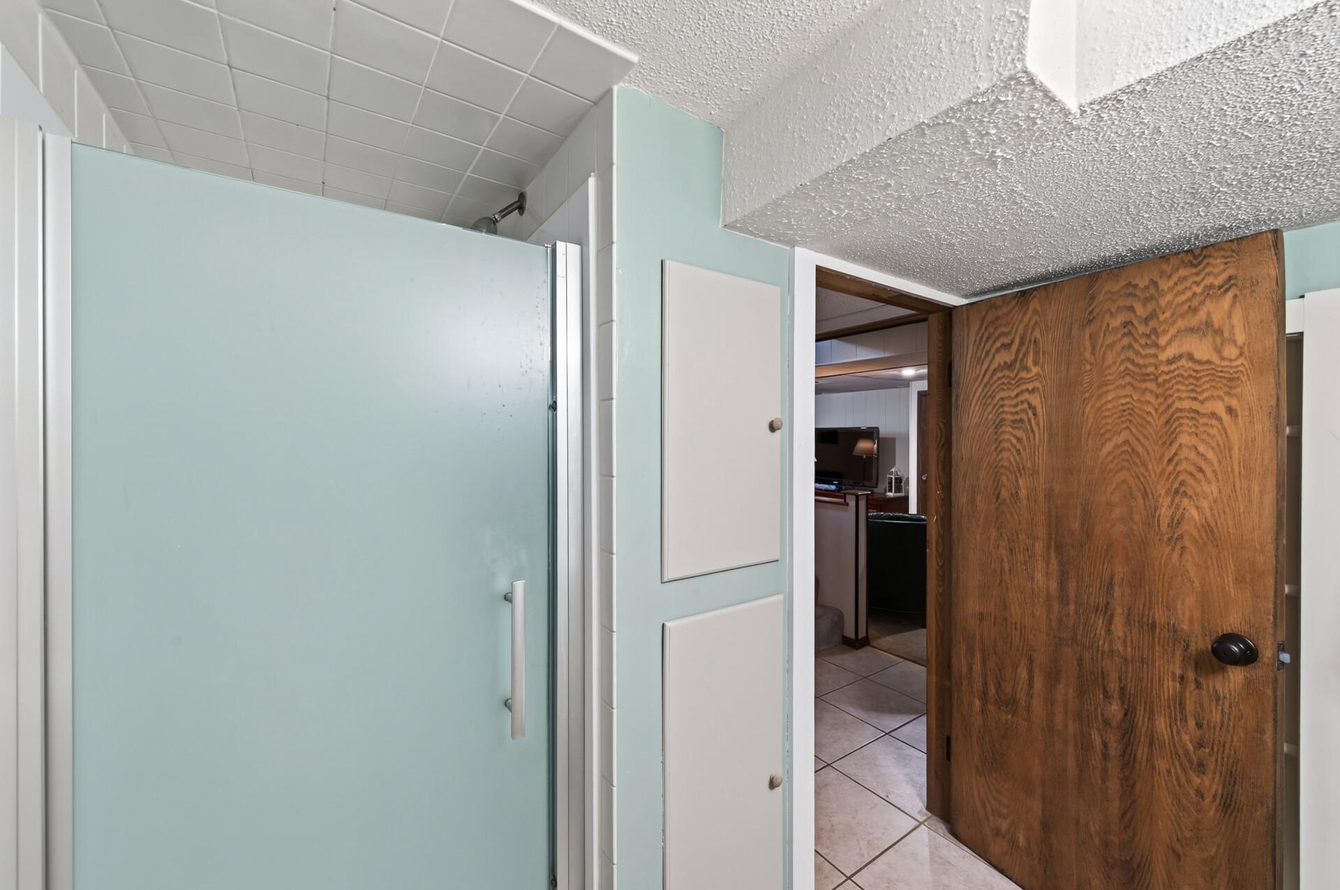 Lower level bathroom has a great linen closet.