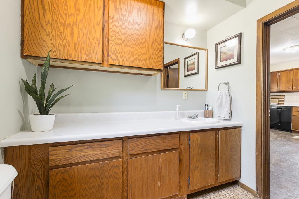 Expansive bathroom countertop adds a space to decorate or hold toiletries