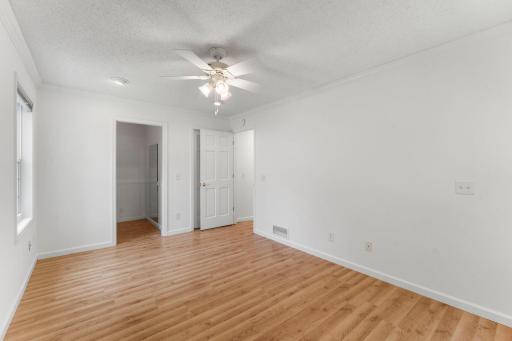 Primary bedroom has a walk-in closet and connected walk-thru bath