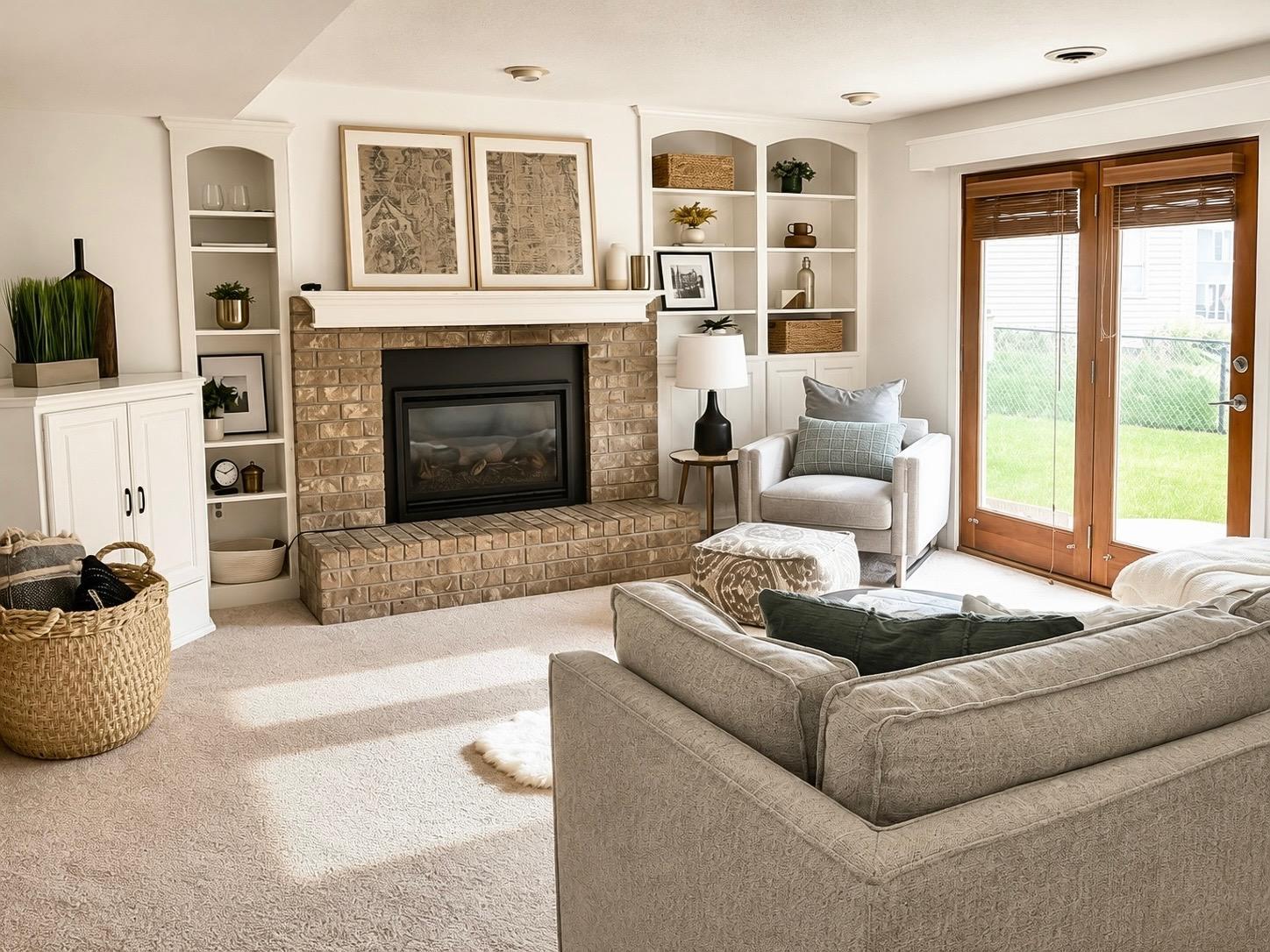Lower Level Family Room with cozy fireplace and built in shelving