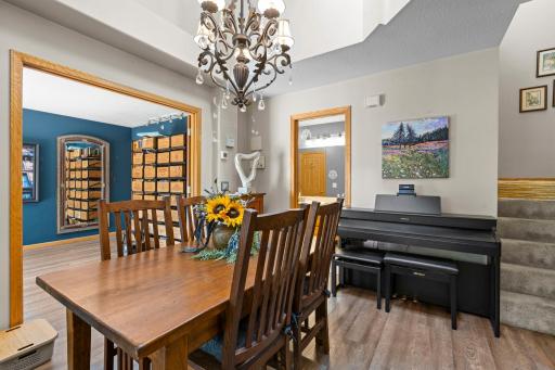 Dining area highlights the soaring ceilings