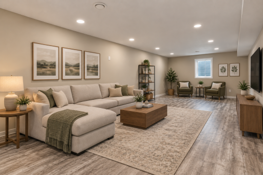 Virtually staged lower level family room to show possibilities
