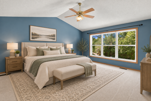 Virtually staged primary bedroom to show possibilities