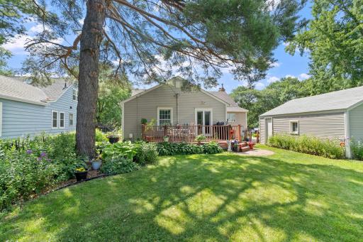 View of backyard shows beautiful landscaping with perennial gardens galore