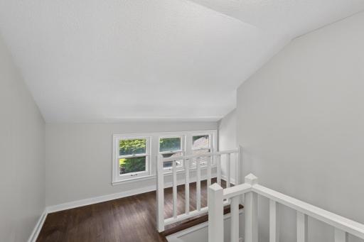 Lots of extra hallway space upstairs. The dormer windows face the back yard.