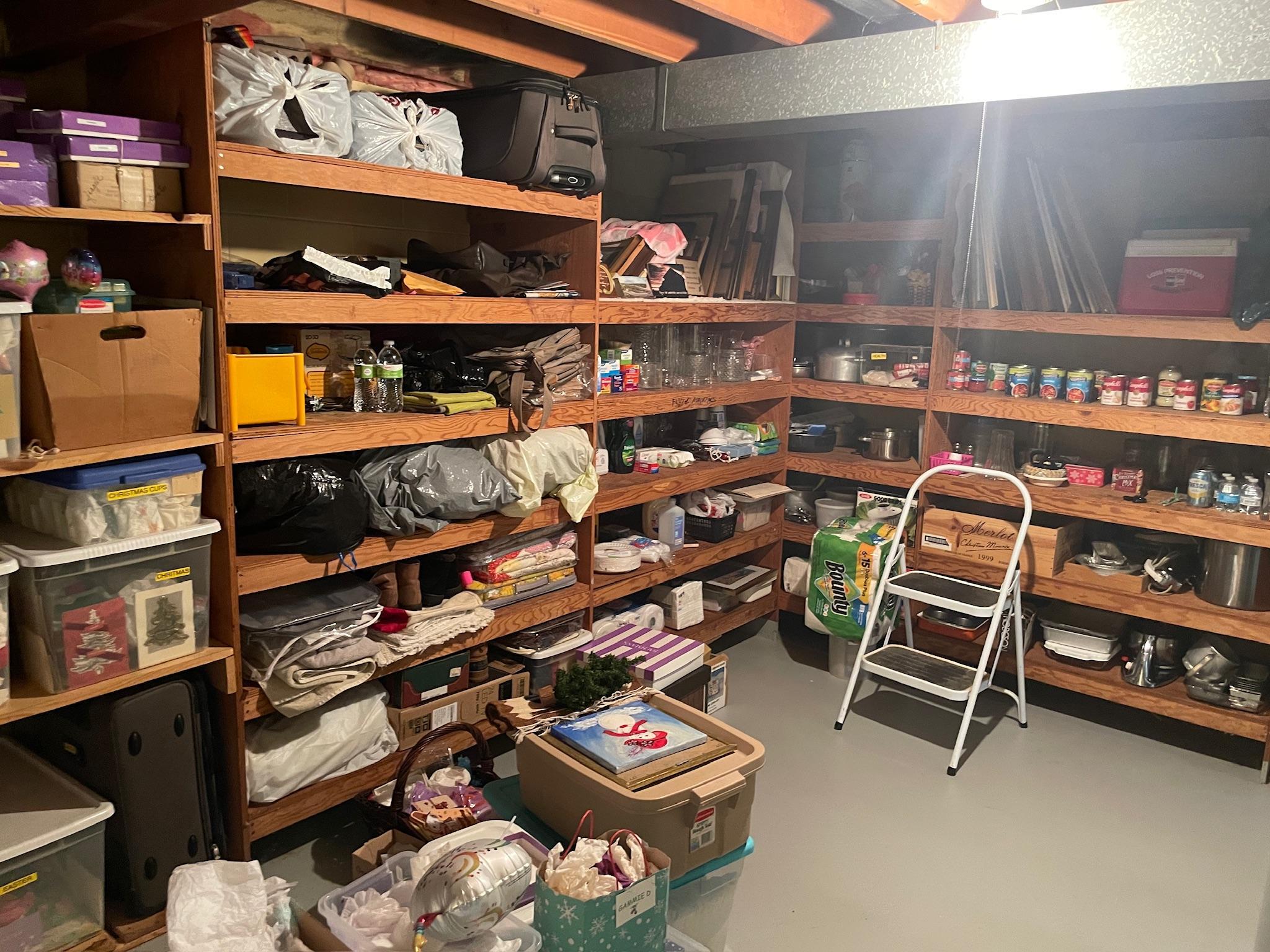 Many very sturdy shelves downstairs.