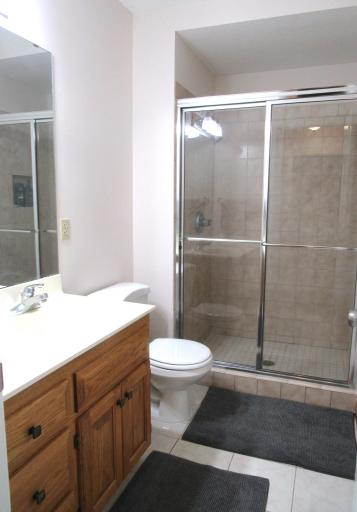 The lower level 3/4 bath has a nice sized vanity and mirror.