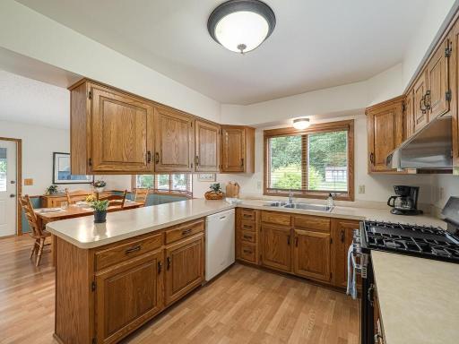 Spacious kitchen with newer gas stove, dishwasher. The kitchen window offers great views of backyard. Plenty of cabinet space for storage.