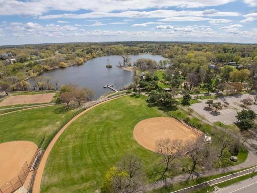 Arial view of Roseville Central Park above the ball fields which are lit up in the evenings for ballgames..