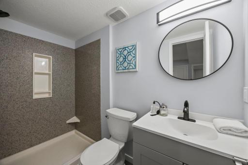 Nearby lower-level bathroom with walk-in shower. Additional storage is thoughtfully tucked into a finished under-stair closet.