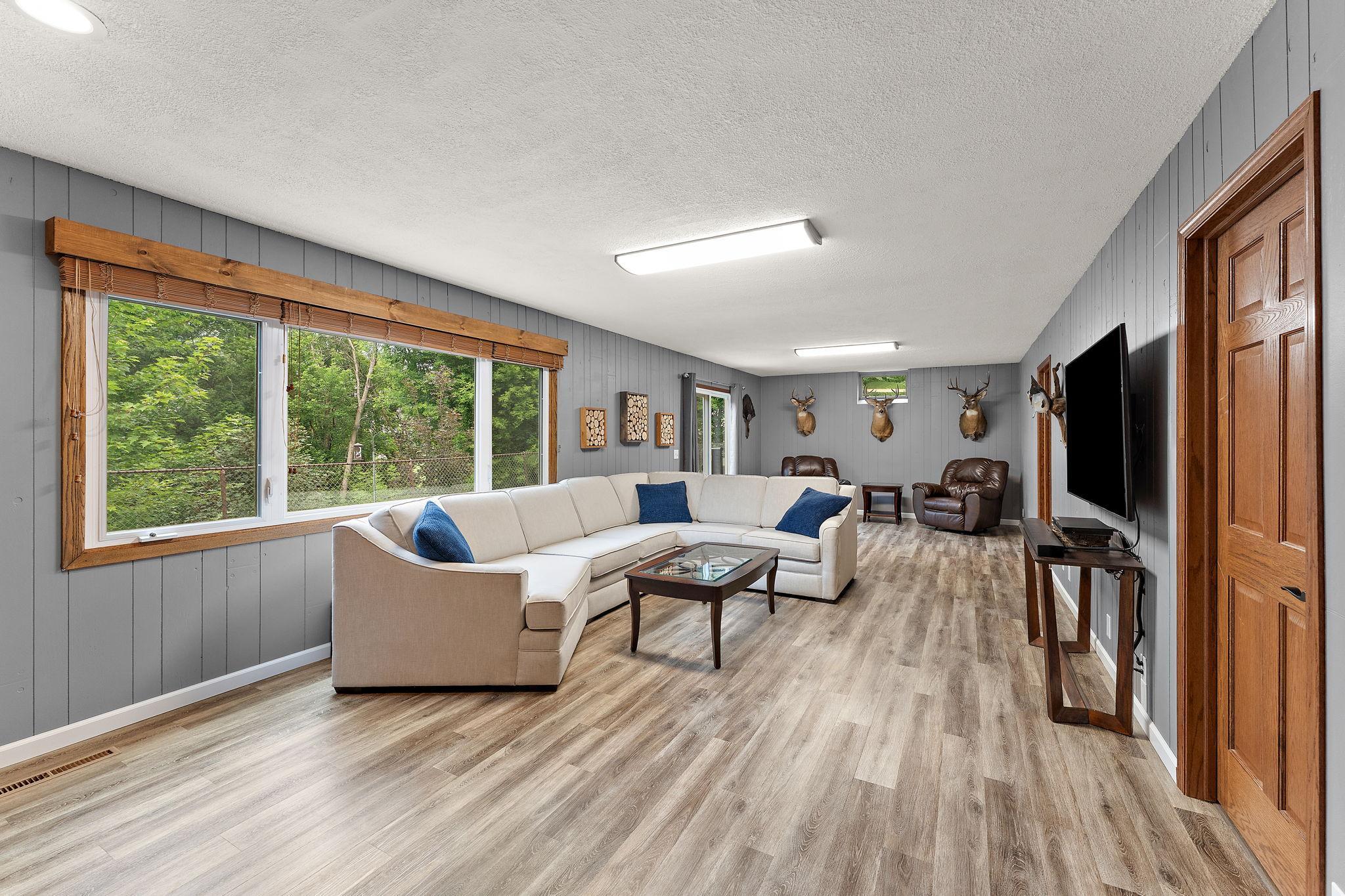 Lower level family room with fireplace