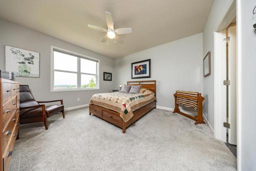 The main-level primary suite offers a peaceful retreat overlooking the backyard