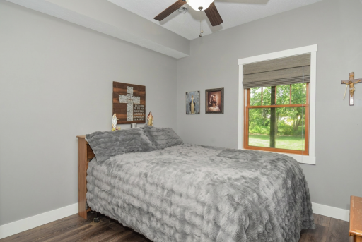 Lower level 5th bedroom with ceiling fan and daylight window