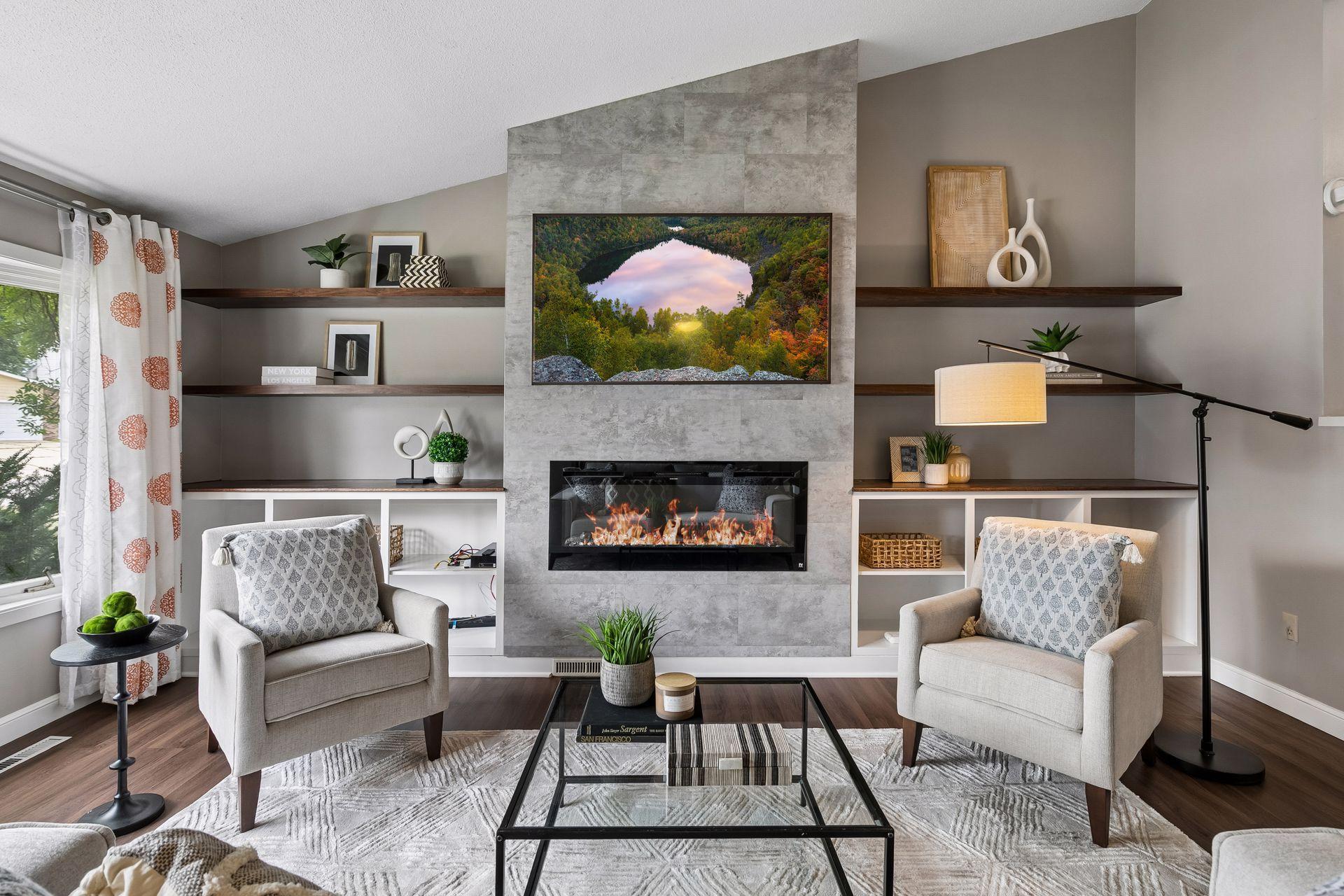 Electric fireplace provides nice ambiance.