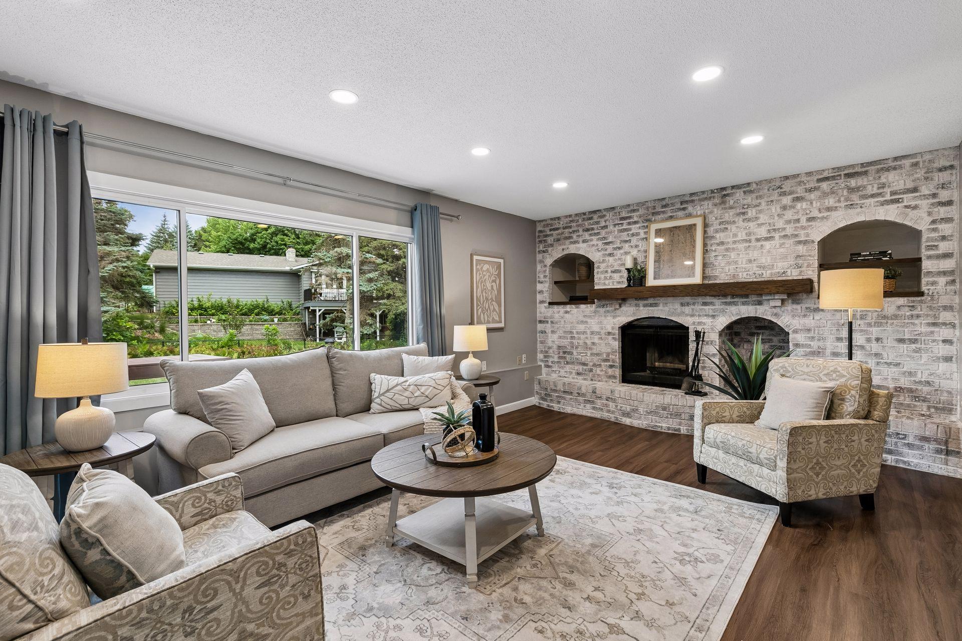 Large Family Room with wood burning fireplace.
