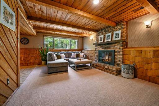 Lower level family room is so cozy. Cabin feel complete with woodburning fireplace.