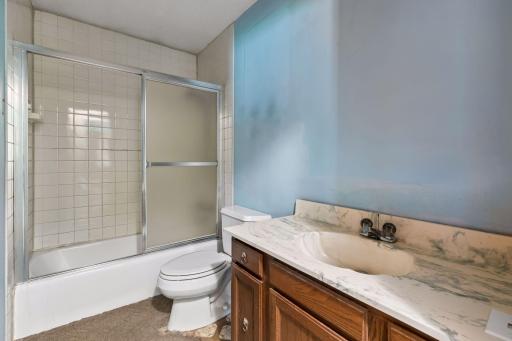 Main level full bath. Large vanity, tiled shower. Conviently close to the two bedrooms