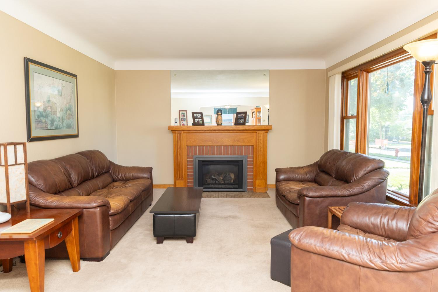 Sun-filled Living Room with gas-burning fireplace