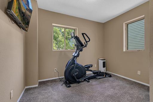 This main level, back bedroom is currently set-up as a workout room. The flat screen, mounted TV conveys with the home. All the TV's are functioning with remotes, but are not guaranteed by the CINCH Home Warranty!