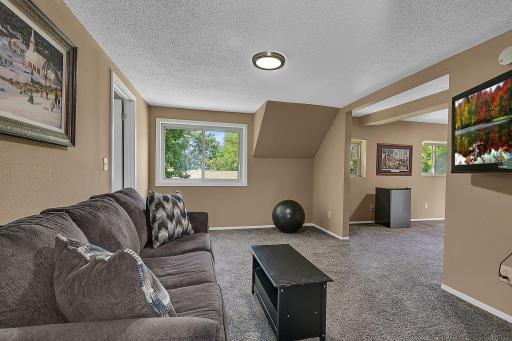 This view is from the upper level bathroom back through the family room with views of the backyard and 3 car, detached garage. New flush mounted lighting fixture.
