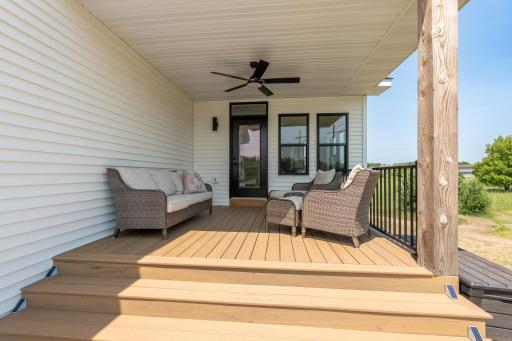 Covered composite deck with ceiling fan—the perfect place to relax