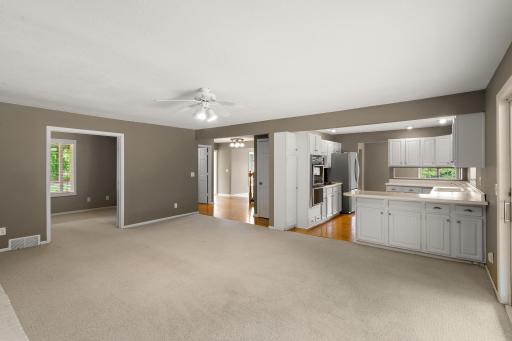 View from Family room toward kitchen, and Office on the left.