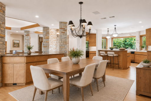 Abundance of light with a cozy informal dining with double sided fireplace
