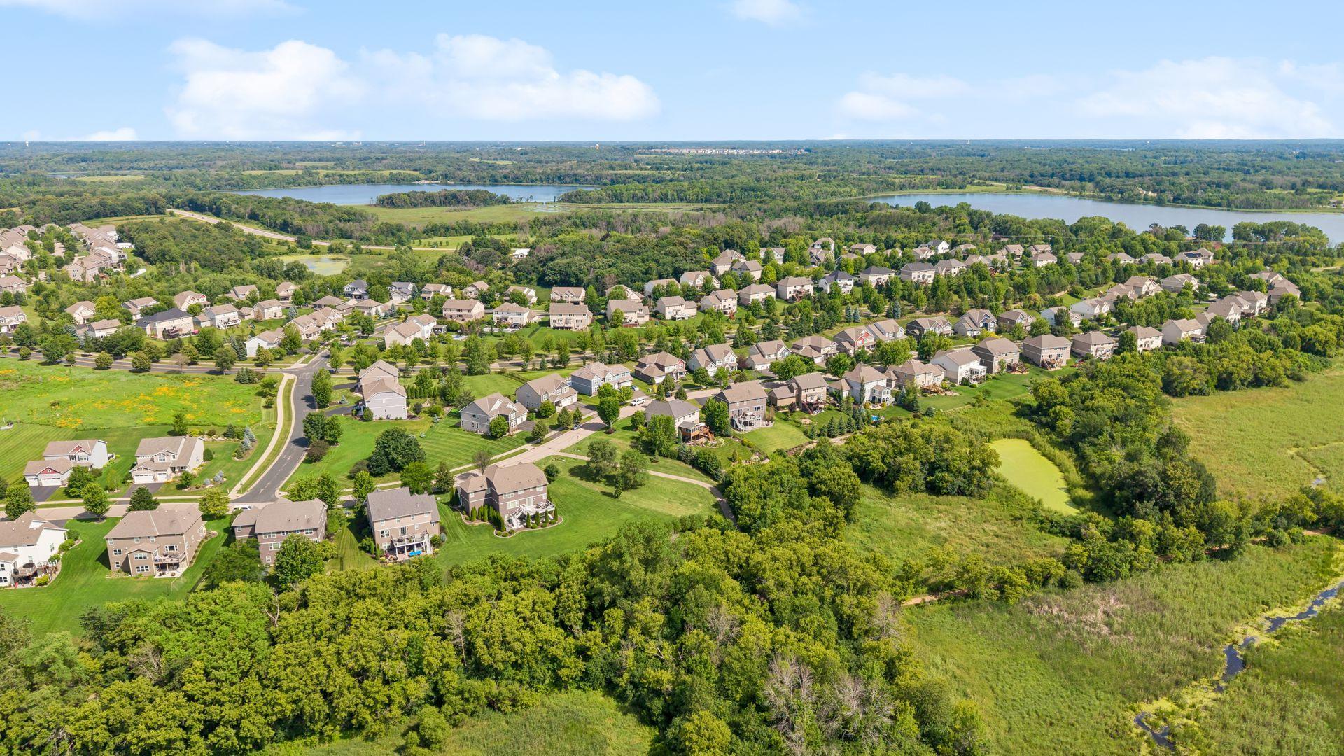 Elevated view over the surrounding neighborhood and rolling countryside.