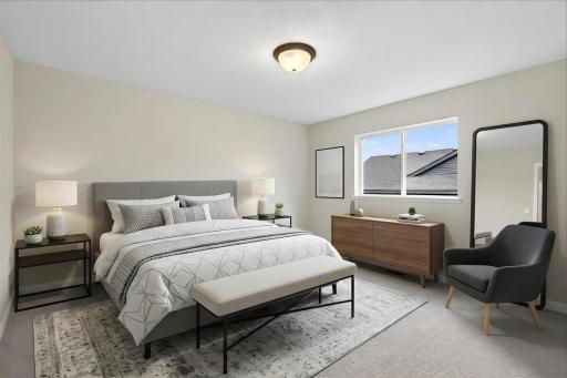 Primary Suite, Virtually Staged. Photo taken of another home with similar plan and finishes.
