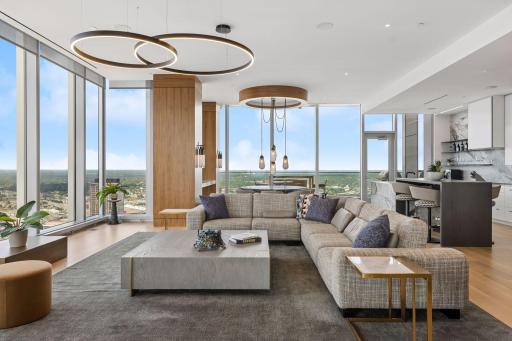 one of two comfortable seating areas perfect for entertaining large or intimate gatherings.
