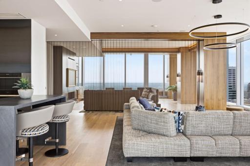 A stylish copper screen provides a cozy separation when fully closed.