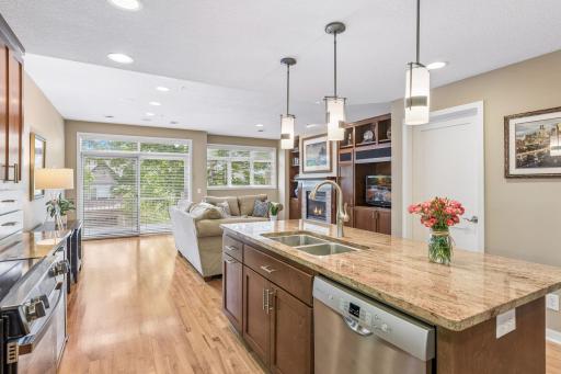 The open plan on the first floor allows the cook to participate in conversation, and to see the television and fireplace.