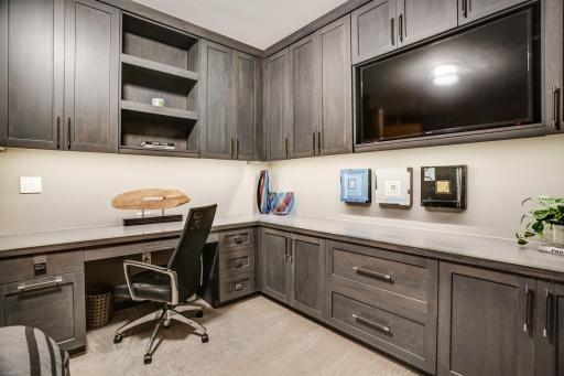 The second bedroom with built-in cabinetry offers additional versatility for an office or guest room.